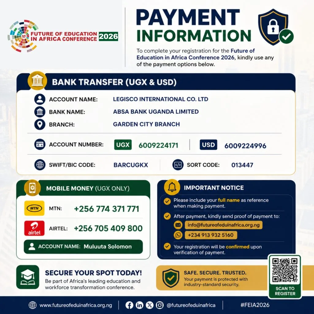 Payment information: bank transfer to Legisco International Co. Ltd at Absa Bank Uganda, or mobile money to Muluuta Solomon. The same details are available as text below.